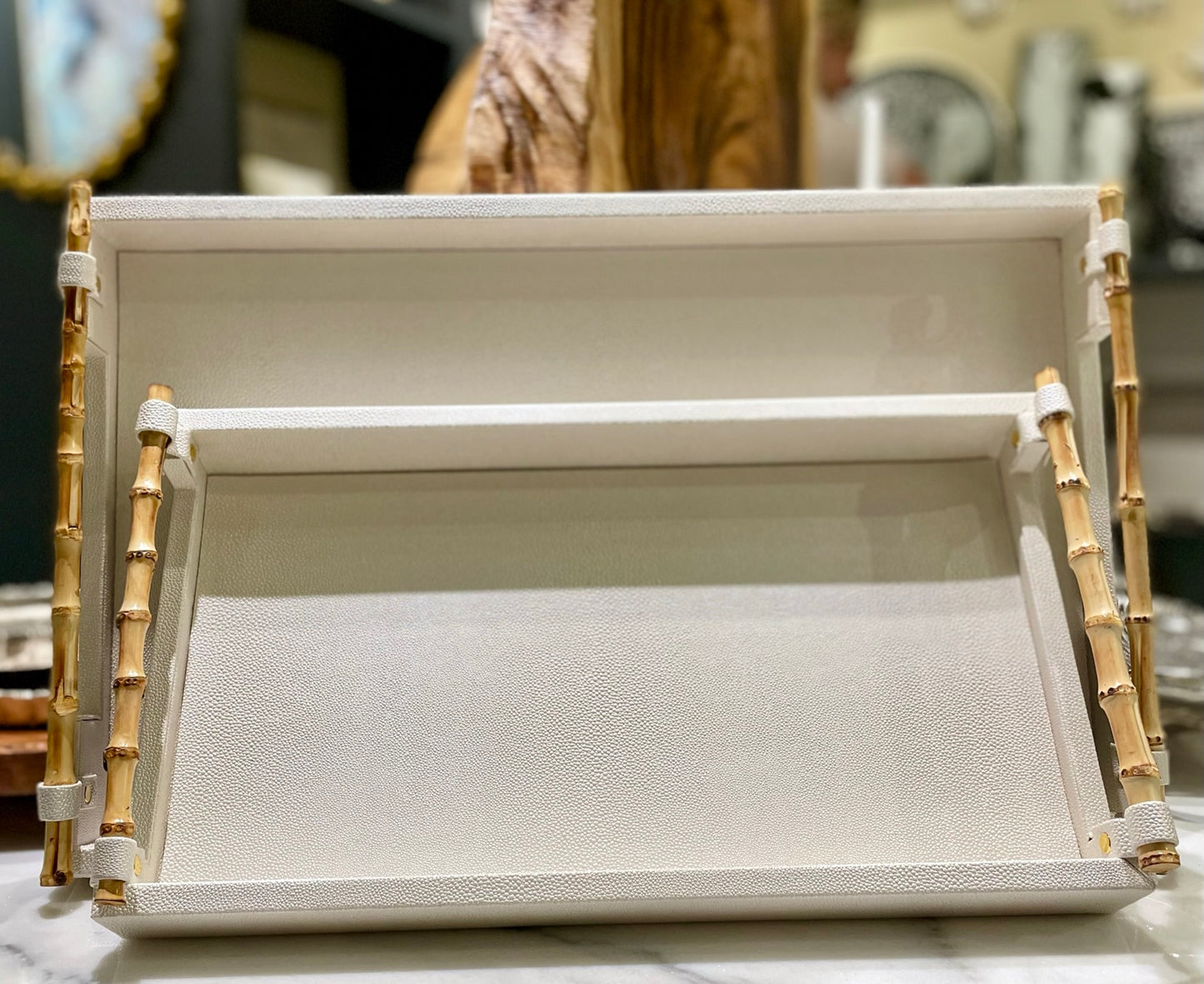 Serving Trays with Bamboo Handles Vegan Shagreen Leather