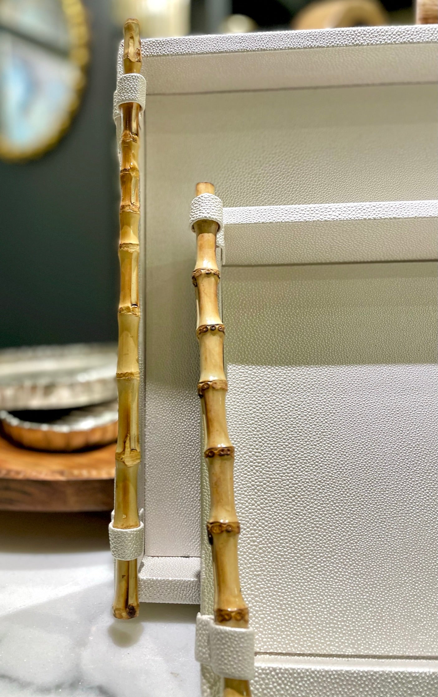 Serving Trays with Bamboo Handles Vegan Shagreen Leather